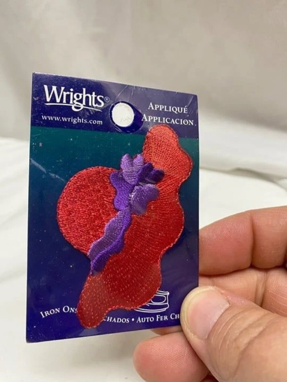 8A Wright's brand iron-on applique featuring a red and purple floppy hat design